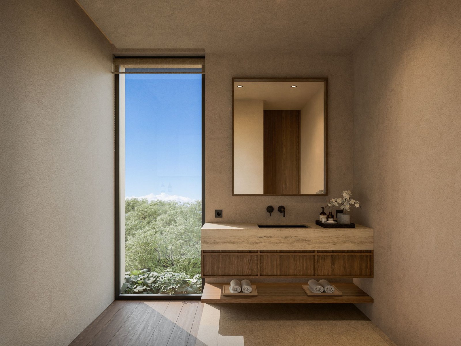 Bathroom with stone vanity and full-height window