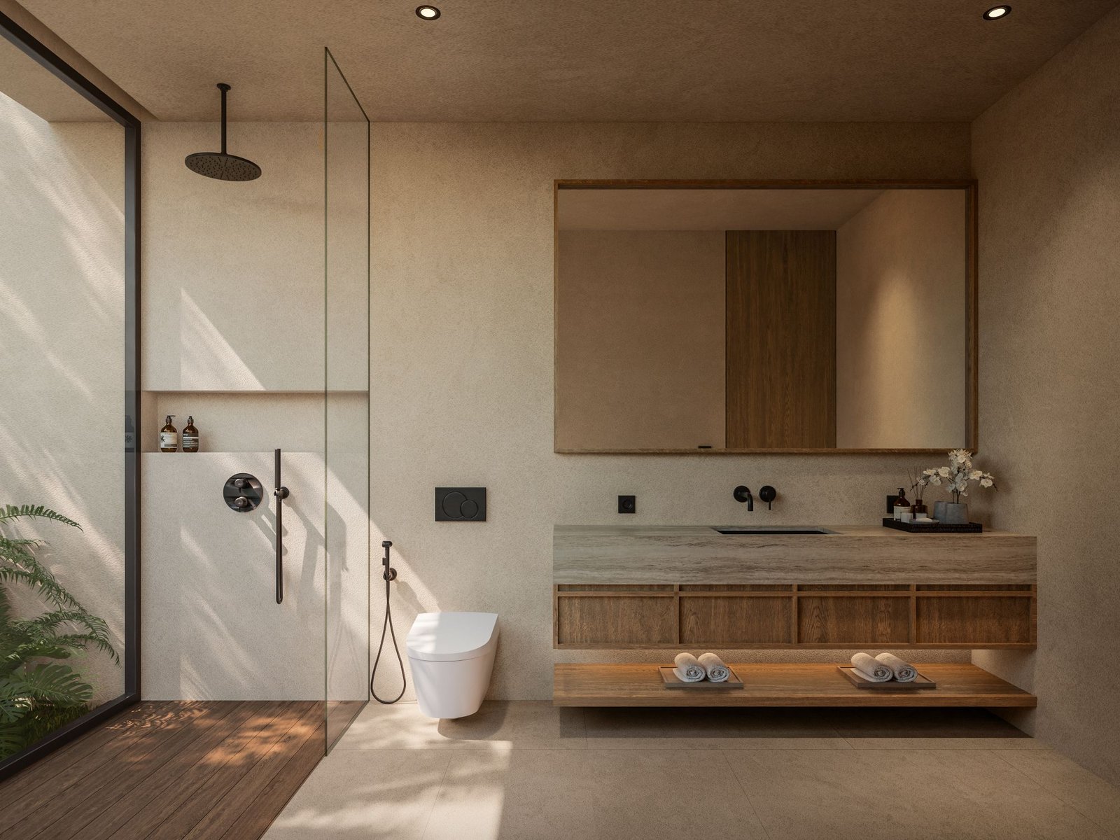 Bathroom with walk-in shower and stone vanity