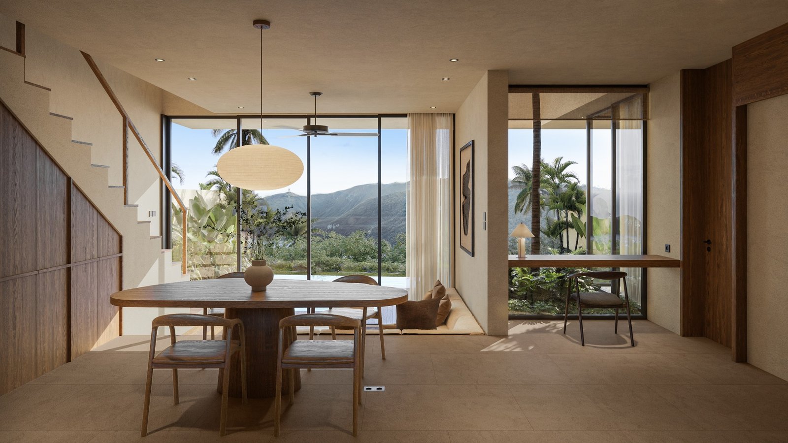 Dining area with floor-to-ceiling glass and mountain view