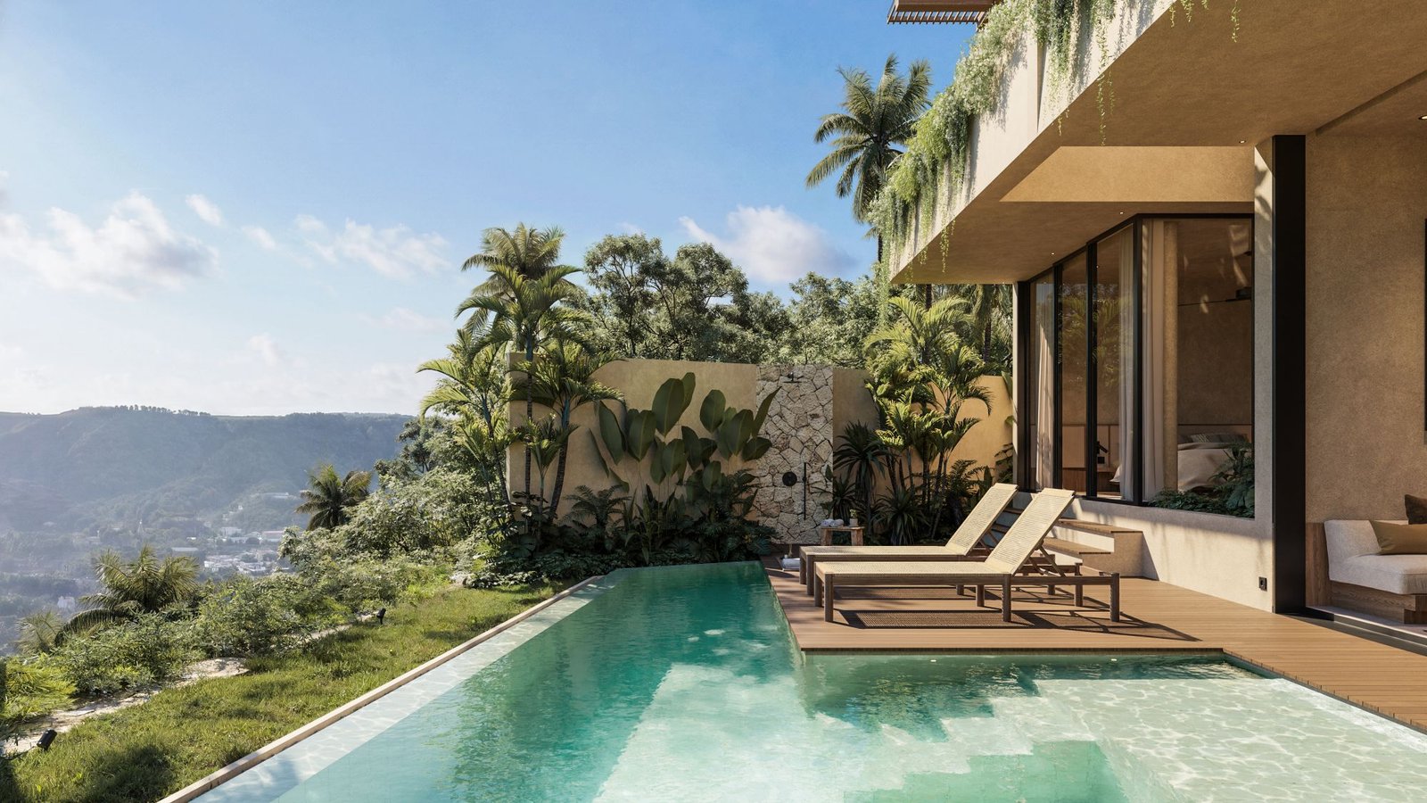 Infinity pool framed by the valley on one side and the ocean horizon on the other