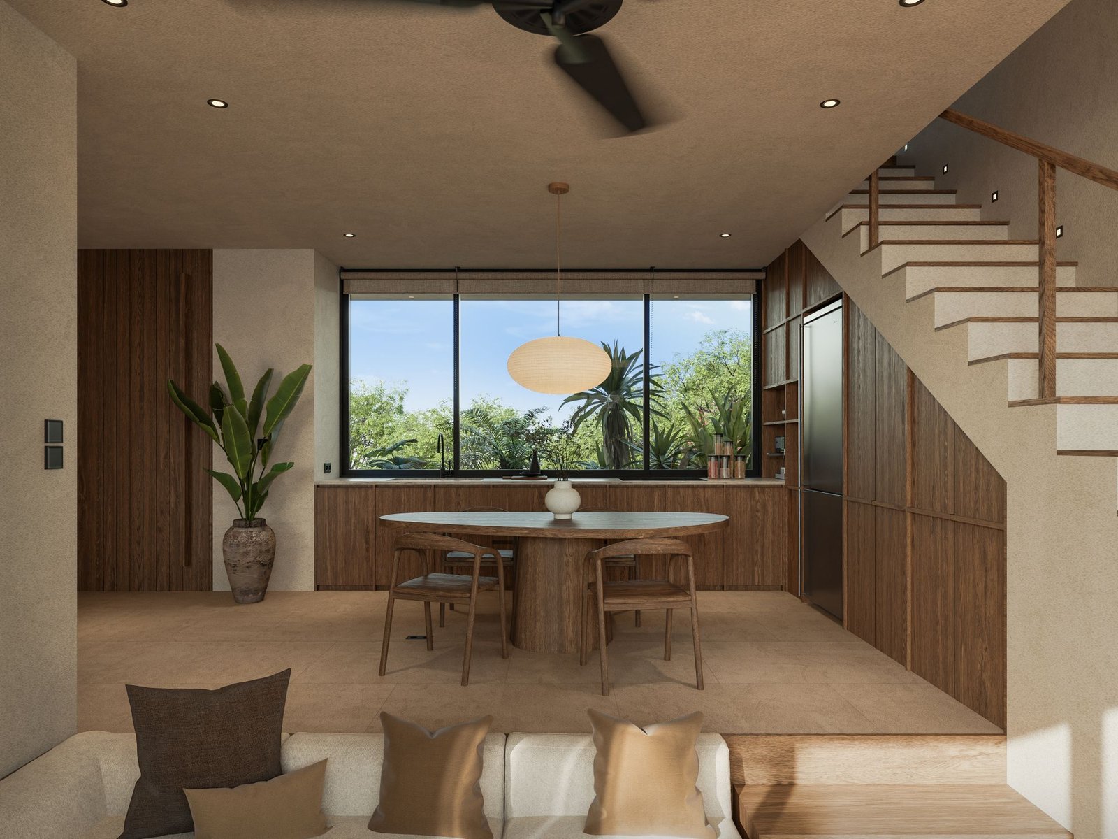 Kitchen and dining area with garden outlook