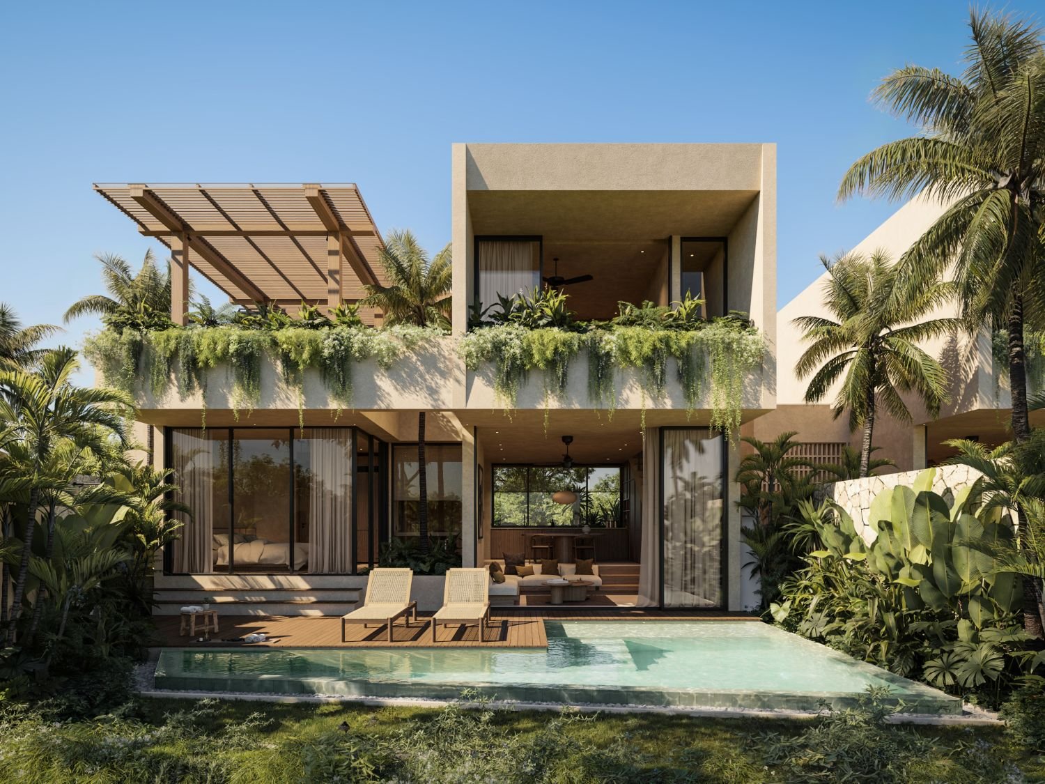 Two-bedroom villa exterior with private pool and rooftop terrace