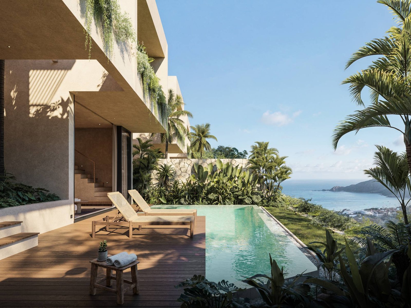 Infinity pool and deck with view over Kuta Bay