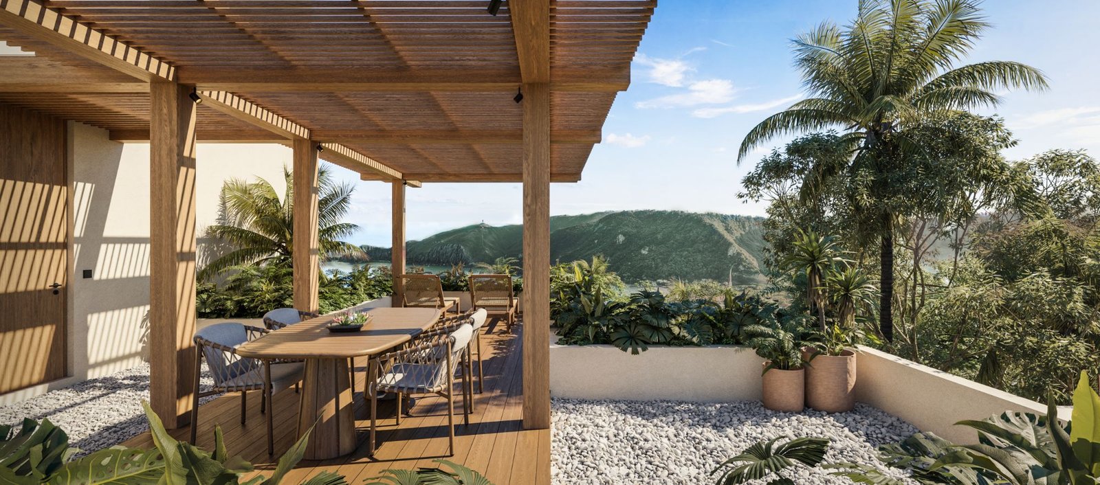 Covered rooftop terrace with outdoor dining over Kuta Bay